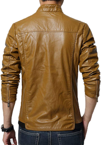 Men's Brown PU Leather Moto <b>Jacket</b> Stand Collar Zipper Closure <b>Slim</b> <b>Fit</b> Regular Length Solid Color Autumn Wear - Product Image 4