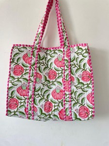 Luxury <b>White</b> Floral Quilted Cotton Tote <b>Bag</b> with <b>Hand</b> Block print Bohemian Style Open Casual Shopping Tote <b>Bag</b> for Women - Product Image 3