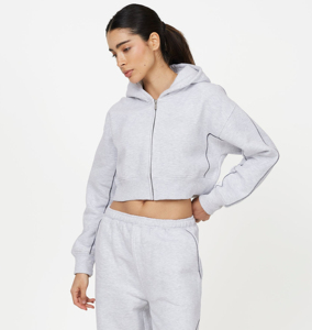 Sudadera con capucha corta de algodón rosa de alta calidad con bordado y estampado, cremallera completa, hombros caídos y corte oversize para mujer - Product Image 5