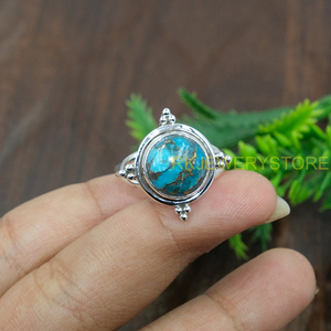 Bague Bohème Faite à la Main en Argent Sterling 925 avec Cabochon Rond en Turquoise Cuivre Bleu Naturel pour Femme, Bijou Vintage avec Pierre Précieuse - Product Image 2