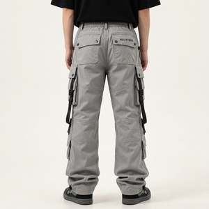 Pantalon cargo gris clair personnalisé pour homme, multi-poches, tactique, utilitaire, streetwear, coupe ample, sangle réglable - Product Image 2