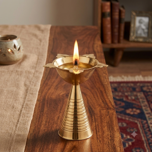 Tall Conical Ribbed Stand Brass Diya Traditional Indian Pooja Oil <b>Lamp</b> <b>Antique</b> Gold Finish Home Temple Decor Wholesale Suppliers - Product Image 2
