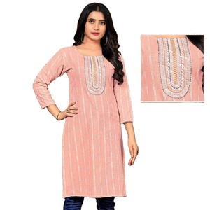 Ready Made Slub Cotton <b>Booti</b> Neck Sequence Work Kurtis for Online Sale - Product Image 1