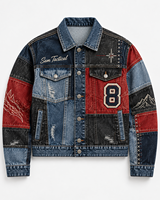 Veste en jean patchwork brodée pour homme Sam Tactical, style streetwear, type camionneur, prix de gros, OEM, prix abordable 2026