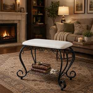 Banc de salle de bain vintage en métal noir avec assise rembourrée blanche, tabouret à chaussures pour entrée - Product Image 2