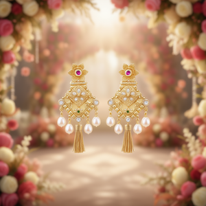 Boucles d'oreilles pendantes en perles d'eau douce et pompons dorés pour mariage - Product Image 3