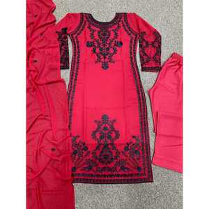 DISEÑADOR GEORGETTE BORDADO MICRO ALGODÓN TOP BOTTOM CON DUPATTA ROJO - Product Image 1