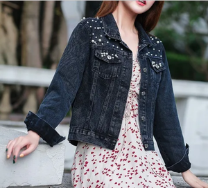 Women's <b>Denim</b> Jacket With Beading Vintage Casual Stonewashed Cotton <b>Coat</b> Autumn Style Regular Fit Solid Color Long Sleeve - Product Image 1