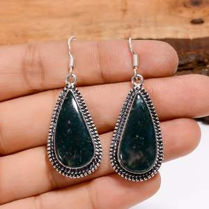 Pendientes de Plata con Ágata Musgosa Natural en Forma de Pera, Estilo Vintage, Plata de Ley 925, Joyería Bohemia Hecha a Mano, Regalo para Ella - Product Image 1