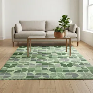 Alfombra de Área de Algodón Lavable Hecha a Mano con Patrón Geométrico, Tejido Plano, Rectangular, Moderna, Verde, con Respaldo de Látex Antideslizante, para Sala de Estar - Product Image 2