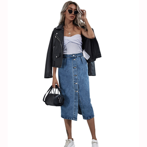 Jupe en jean taille haute à simple boutonnage, style européen et américain, tendance pour femme - Product Image 3