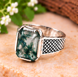 Bague en argent sterling 925 avec agate mousse, pierre précieuse verte taille émeraude, bijou de créateur - Product Image 2