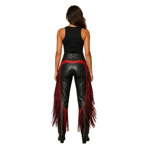 Pantalon en cuir noir et rouge à franges pour femme, style western cowgirl – Pantalon à franges taille haute en cuir véritable fait main - Product Image 4