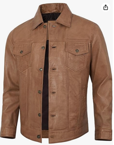 Premium Wholesale Real Lambskin Leather <b>Jacket</b> for Men Vintage <b>Trucker</b> Style Polo Collar Custom Manufacturer - Product Image 4