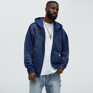 Sudadera con Capucha Oversize para Hombre, Estilo Vintage, Lavado Ácido, Diseño Desgastado, con Cremallera y Pedrería, 100% Algodón, Invierno - Product Image 2