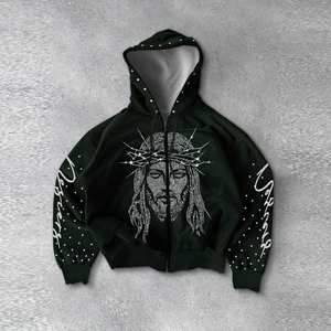 Sweat-shirt à capuche pour homme, rouge, avec strass, motif Jésus, coupe oversize, fermeture éclair, style streetwear, avec design couronne d'épines - Product Image 4
