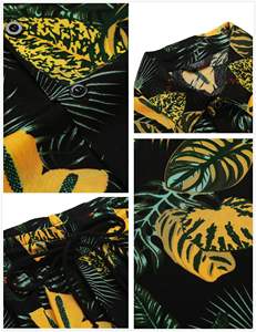 mens black yellow tropical pineapple monstera leaf print <b>short</b> <b>sleeve</b> lapel <b>button</b> <b>up</b> shirt matching <b>shorts</b> 2 piece set casual - Product Image 5