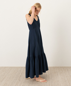Robe longue sans manches col en V pour femme, coupe trapèze, couleur unie, en coton, ample, respirante, en tissu tissé, robe de soirée - Product Image 3