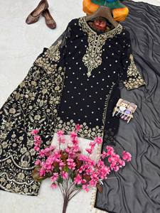 Trending Jet Black Salwar Kameez Gold Threadwork Neck Yoke Scalloped Hem Short Tunic Heavy Work Palazzo Scarf 3 Piece Designer - Product Image 4