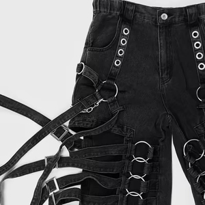 Pantalones Vaqueros Anchos Negros Desgastados para Hombre, Estilo Ripped con Anillos y Cadenas Plateadas - Product Image 6