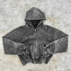 Sudadera con capucha unisex estilo punk desgastada con cremallera, lavado ácido, 100% algodón, con apliques y estampado de letras con tachuelas para otoño - Product Image 4