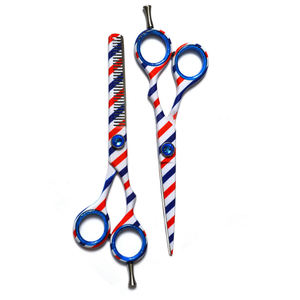 Ciseaux professionnels pour la retouche des cheveux, en acier inoxydable, lame tranchante, manche long, design rayé rouge, bleu et blanc, pour droitiers, salon - Product Image 5