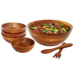 Ensemble de saladiers en bois de caoutchouc faits à la main avec incrustations colorées - Vente en gros - Product Image 1
