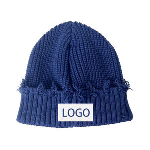 Distressed Rib Knit <b>Beanie</b> Vintage Inspired Winter <b>Hat</b> Soft 100% <b>Wool</b> Children's Adjustable Custom Logo OEM Wholesale Headwear - Product Image 2