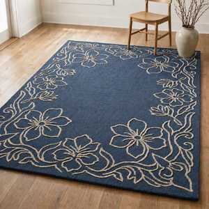 Tapis en laine à franges florales tuftées à la main |   Tapis artisanal de créateur 100% laine |   Tapis de sol floral de forme personnalisée - Product Image 4
