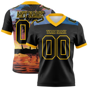 Camiseta de Fútbol Americano Personalizada para Hombre, Manga Corta, Cuello en V, Diseño de Palmeras al Atardecer en Amarillo y Negro - Product Image 1