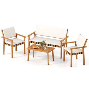 Juego de Muebles de Jardín de 4 Piezas de Madera de Acacia con Cojines Suaves, Sofá de Dos Plazas, Sillones y Mesa de Centro para Exteriores - Product Image 1