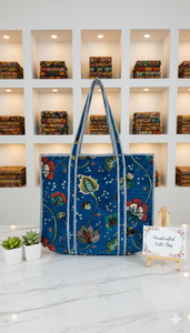 Blue Quilted Velvet Reversible Fashion Vintage Bohemian Shoulder Tote Canvas Lining Zipper Closure Lightweight <b>Extra</b> <b>Large</b> - Product Image 2