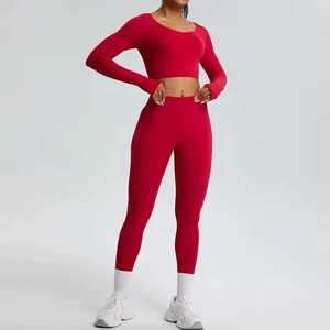 Custom Yoga Set Long Sleeve Scoop Neck Crop Top with Thumbholes & High Waisted Scrunch Booty <b>Leggings</b> Gym Activewear - Product Image 4