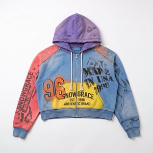 Sweat-shirt à capuche zippé Snowgrace en molleton bouclette coupe courte imprimé devant unisexe streetwear automne 100% coton manches raglan - Product Image 1