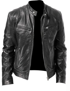 Chaqueta de cuero para hombre estilo motociclista, lavada y envejecida, talla grande, estilo teñido liso, de PU, 100% poliéster tejido - Product Image 4