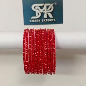 Classic <b>Red</b> Glass Bangles Set with Gold Dot Design Traditional Indian Bridal Wedding Festival Jewelry for Women - Product Image 1