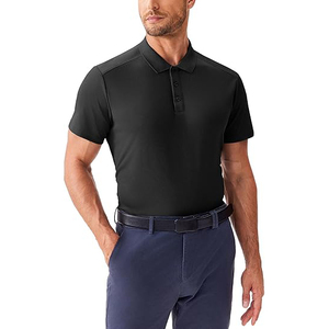 Polo à manches courtes noir pour homme, tricoté 100% polyester, respirant, couleur unie, style décontracté chic, boutonné - Product Image 1