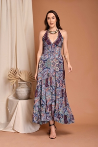 Robe longue en soie pour femme, col halter, imprimé floral, confortable et légère, prix de gros, export en vrac - Product Image 2