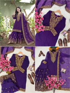 Ensemble de costume pour femme violet tissé et brodé, style Anarkali Kameez, avec pantalon Palazzo, Dupatta et châle en résille, pour fêtes d'été et mariages - Product Image 3