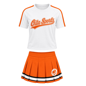 Ensemble uniforme de cheerleading blanc et orange, chemise à manches courtes, jupe plissée, vêtements de sport d'équipe, entraînement athlétique, performance, pratique - Product Image 1