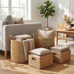 Mixed Seagrass Water Hyacinth Woven Storage Basket Set Round <b>Hamper</b> Rectangular <b>Box</b> Organizer Bins - Product Image 6