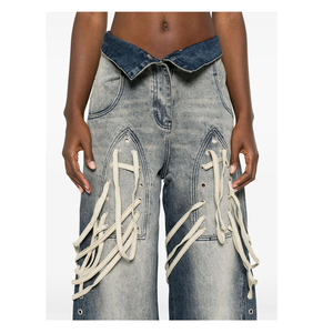 Jean large à lacets pour femme, en denim déchiré, style streetwear, avec détails en dentelle, taille haute, coupe baggy, jambe évasée - Product Image 3