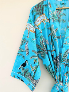 Bata Kimono de Algodón Turquesa con Estampado Artesanal para Mujer, Ropa de Estar por Casa Floral, Bata Larga Cómoda y Casual, Albornoz Hecho a Mano - Product Image 3