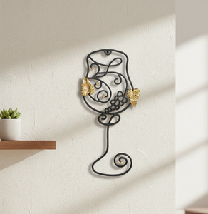 งานศิลปะติดผนังเหล็กดัดสไตล์โมเดิร์น ทำด้วยมือ พร้อมฟังก์ชั่นแขวน ตกแต่งด้วยแก้วไวน์ องุ่นทองเหลือง และใบไม้ - Product Image 5