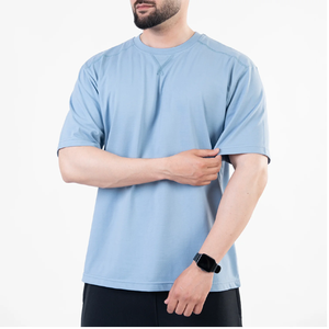 Custom Wholesale Light <b>Blue</b> V Neck Collar Detail T Shirt <b>Mens</b> Relaxed Fit Cotton Jersey Half Sleeve Crewneck Vintage Style Tees - Product Image 5