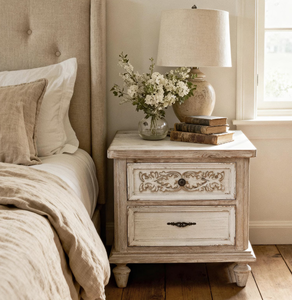 Elegante mesita de noche rústica de madera de mango estilo francés provincial, hecha a mano, con cajón de almacenamiento. - Product Image 1