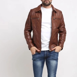 Chaqueta de Invierno de Cuero Genuino Marrón para Hombre, Cierre de Cremallera, Color Sólido, Corte Ajustado, Ropa Casual de Calle, a la Moda - Product Image 3