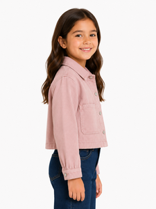 Girls Pink <b>Denim</b> <b>Jacket</b> <b>Cropped</b> Casual Outerwear Premium Quality Cotton <b>Denim</b> <b>Jacket</b> Stylish Button Front Design Long Sleeve - Product Image 2