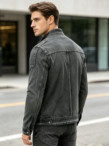 Blouson moto en jean délavé pour homme, coupe droite, fermeture boutonnée, couleur unie, style hiver, tissu tricoté respirant - Product Image 2