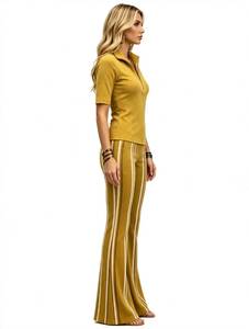 Ensemble long 2 pièces pour femme, haut à col montant zippé couleur moutarde, pantalon évasé rayé - Product Image 2